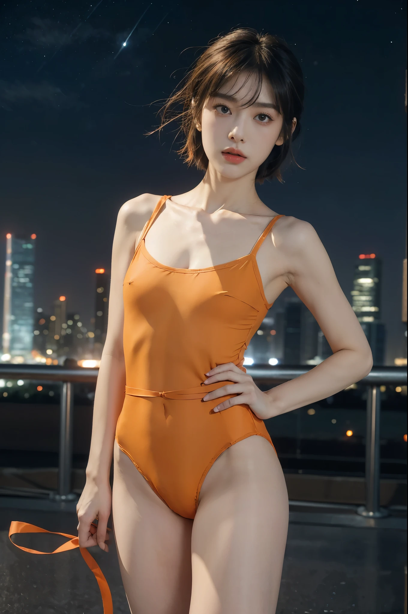 (((best quality))),(((ultra detailed))),(((masterpiece))),illustration,((1girl,Ai Kisugi,solo)),((slim,thin)),((small breasts,flat chest)),(tomboy short hair:1.2),(bangs:1.3),(orange full-body leotard:1.5),(red ribbon around waist:1.3),(On the roof of skyscraper:1.3),(city view:1.2),(night scene:1.3),elegant,confident,athletic,curves,(slender legs:1.2),waist,concrete,glass,buildings,starry sky,natural beauty,captivating,thought-provoking,((from front,upper body))
