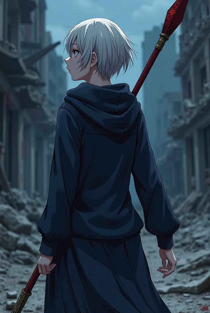 (anime, jujutsu kaisen:1.2), adult woman, loose clothing, wearing deep navy shirt, shirt has hood, deep navy shirt with golden button, a deep navy skirt, platinum hair, short hair, black eyes, relaxed pose, holding a spear, image shot from her back, detailed face, blood splattered across her clothes, broken city in background, cold colors, night ambience