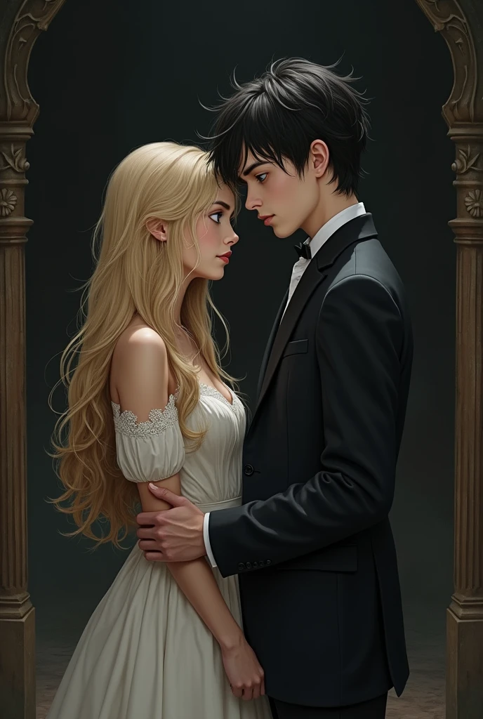 A blonde-haired girl with brown eyes stands next to a tall boy with black hair and blue eyes. They are forced to marry and hate each other.