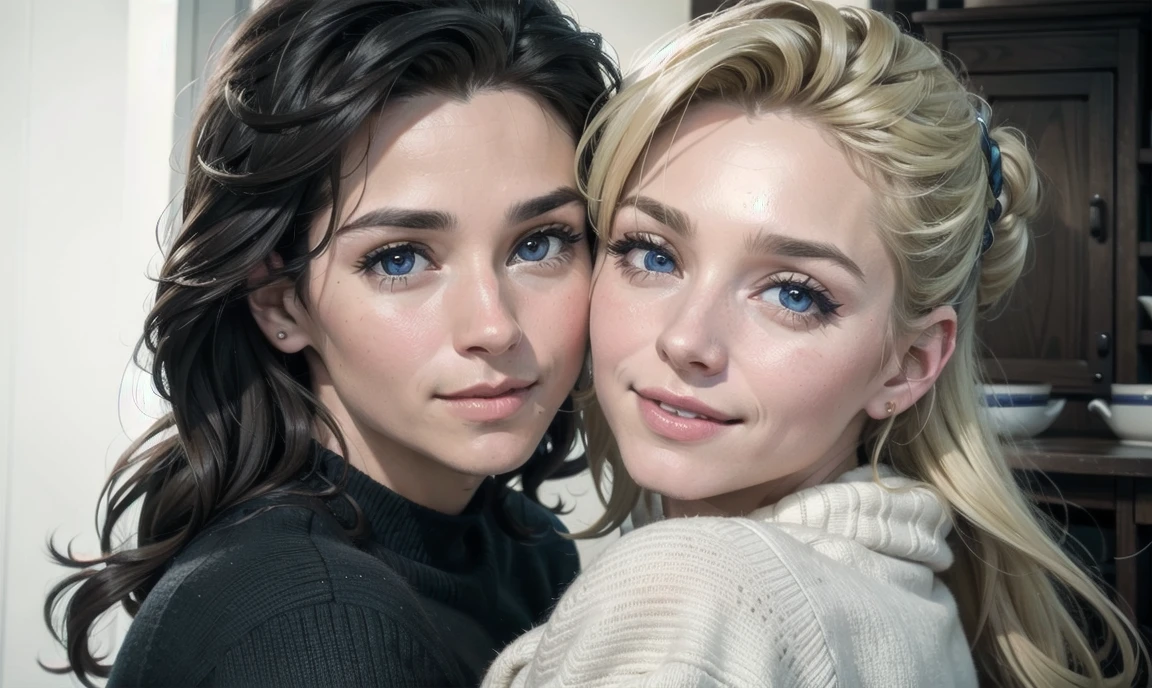 [((highly detailed, detailed eyes, detailed face, clear and realistic facial features, photorealistic, realistic light, cinematic)), ((((two smiling people)))), (((Audrey is a beautiful and teasing chubby and motherly older woman in her late 30's with long curly blonde hair and blue eyes))), ((Audrey has blonde hair, and blue eyes)), (((Mark is a handsome and spunky muscular and fatherly older man in his early 40's with greying black hair and hazel-brown eyes))), ((Mark has greying black hair, and hazel-brown eyes)), they each stand in front of a beautiful picturesque cottage like a Thomas Kinkade scene, ((welcoming mood))]