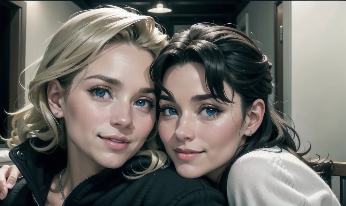 [((highly detailed, detailed eyes, detailed face, clear and realistic facial features, photorealistic, realistic light, cinematic)), ((((two smiling people)))), (((Audrey is a beautiful and teasing chubby and motherly older woman in her late 30's with long curly blonde hair and blue eyes))), ((Audrey has blonde hair, and blue eyes)), (((Mark is a handsome and spunky muscular and fatherly older man in his early 40's with greying black hair and hazel-brown eyes))), ((Mark has greying black hair, and hazel-brown eyes)), they each stand in front of a beautiful picturesque cottage like a Thomas Kinkade scene, ((welcoming mood))]
