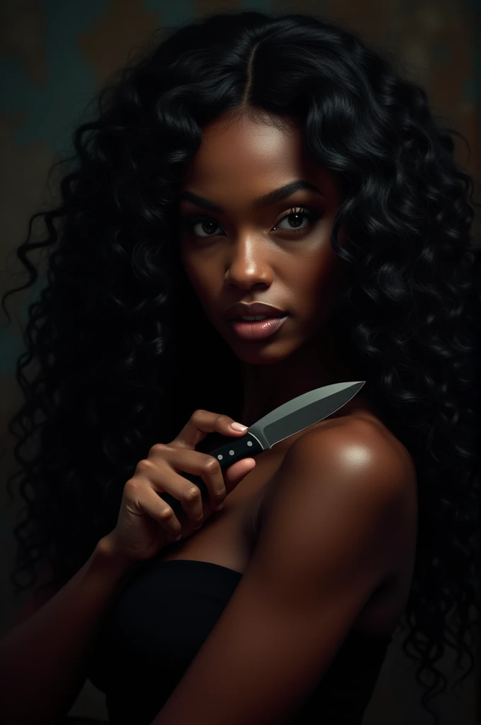 Flirty, black female, long black curly hair, with a knife in hand