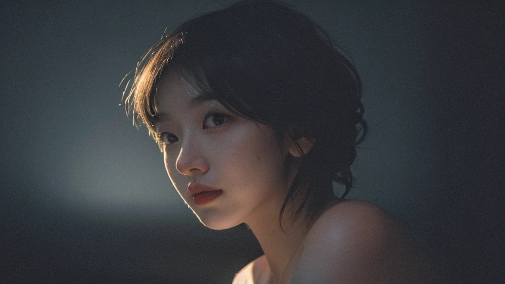 Best quality, masterpiece, ultra high res, (photorealistic:1.5), raw photo, 1girl, offshoulder, in the dark, deep shadow, low key, cold light, sexy look, short hair