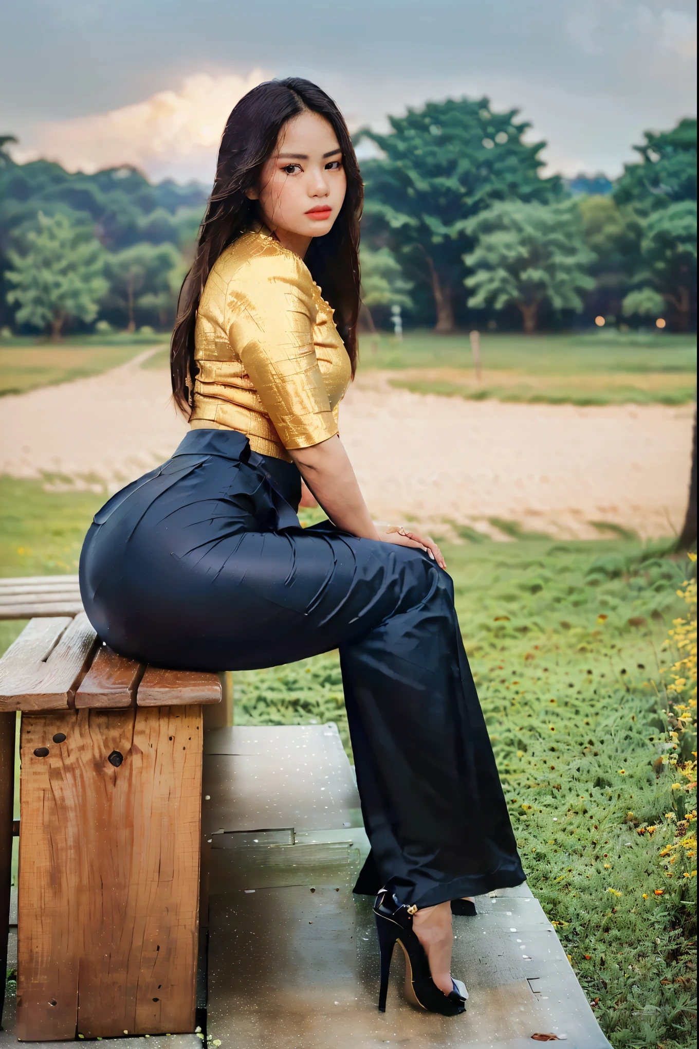 arafed asian woman, (((full body rear view:2))), (((low angle view from buttock:1.5))), ((((pretty lady MoonLay)))), ((legs-crossed, sexy model style super sexy pose sitting on the bench for photography:2)), (((very pouting buttock:1.7))), ((clinging panty lines shape on dress)), ((((minimalistic sleek wooden bench)))), ((wearing Myanmar traditional elegant shirt and tight long skirt:1.2)), (((super curvy and wide buttock))), ((white shirt:1.6)), ((red satin long skirt:1.6)), ((blue sandal high heel:1.3)), south east Asian wide square face, traditional beauty, a young beautiful Asian woman, (((photorealistic background))), ((in a beautiful park with vast shimmering lake background:1.5)), ((cinematic star shaped bokeh background blur:1.7)), (((photorealistic cloudy evening sky with golden sunlight:1.5))), ((lake surface reflect evening golden sunlight:1.2)), 111cine8matic55, (((cinematic enhance HDR portrait glow lighting))), cannon mark v, DSLR quality, ultra-sharp focus, ultra-high detailed, ultra-high texture, 8K ultra-high resolution, (perfect anatomy), (perfect body composure), (perfect legs), (perfect leg anatomy), (perfect toes), (perfect hands), (realistic hands position), (realistic sitting pose), (perfect high heel), (realistic high heel position), ((((no objects in front of her)))), ((realistic legs-crossed style and pose)),