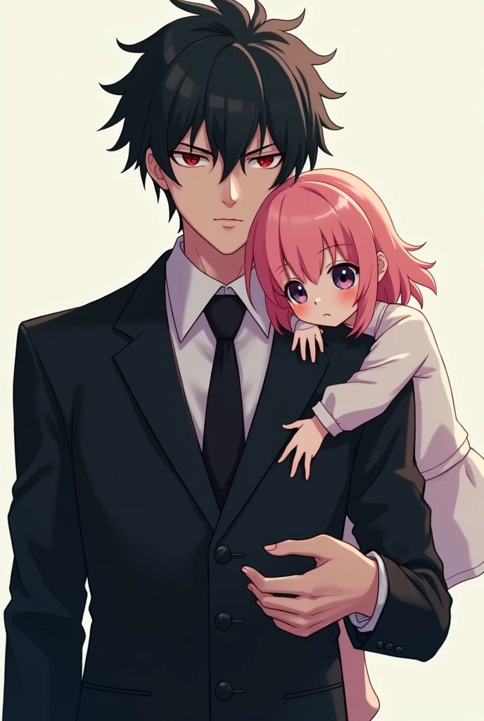 A tall anime boy with a suit and a menacing look, with black hair, holding his cute little sister with pink hair sitting on his shoulder.
