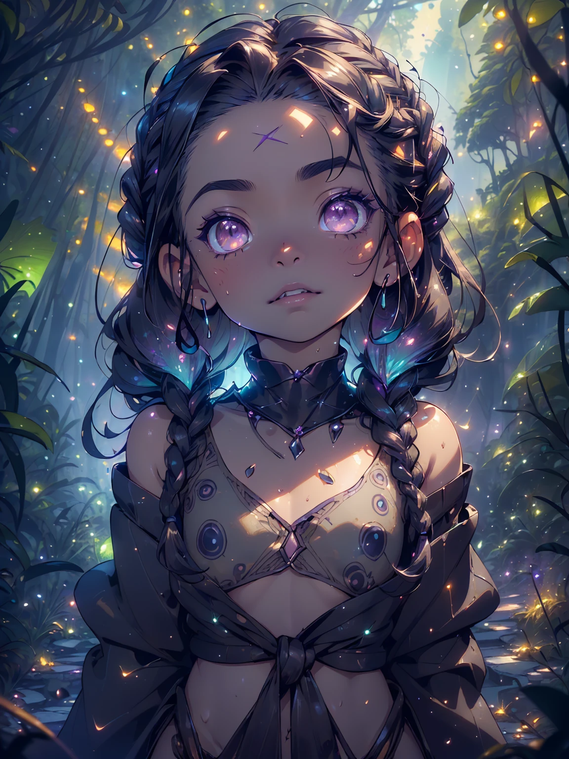 little tribal,(((little ,small tiny body,,chibi,small))),((())),(((1 toddler:1.4))),(baby face),(round face),(little chest),(big forhead:1.2),(beautiful big eyes:1.3),extremely detailed cute anime face,
(((flat chest))),((((long twin braids,tight braids,long braid,braided hair,long hime cut,dark hair,black hair,colored inner hair)))),(((purple_eyes:1.3))),intricate eyes,beautiful detailed eyes,symmetrical eyes,(big eyes:1.5),((((lustrous skin:1.5,tanned skin,bright skin: 1.5,skin tanned,shiny skin,very shiny skin,shiny body,Reflective skin)))),(((detailed face))),beautiful detailed lips,
(cute,kawaii,(nsfw)),🦄,🌈,
long loincloth,(navel),Shaman tribal clothes,thong tribal,(tribal clothes,style old Egypt),navel,barefoot,bare arms,exposed belly button,necklace,(tribal clothing),((purple clothes,wet clothes,intricate outfit)),
dynamic pose,looking at viewer,embarrassed,centered,scale to fit dimensions,Rule of thirds,
((((many fireflies,fireflies,glowing fireflies,fireflies in the background)))),
outdoors,((overgrown at night)),(overgrown background,glowing crystals,bioluminescent plant),with dark stormy clouds,scenery:1.25,intricate scenery,extremely scenery,(((glowing crystals,bioluminescent plants))),(puddles everywhere,moss,moss on the background),clouds,lily pads,palms,reeds,
(Glossy Egyptian ornaments),highres,sharp focus,(ultra detailed,extremely detailed),(photorealistic artwork:1.37),(extremely detailed CG unity 8k wallpaper),(((vibrant colors,vibrant theme))),(intricate),(masterpiece),(best quality),