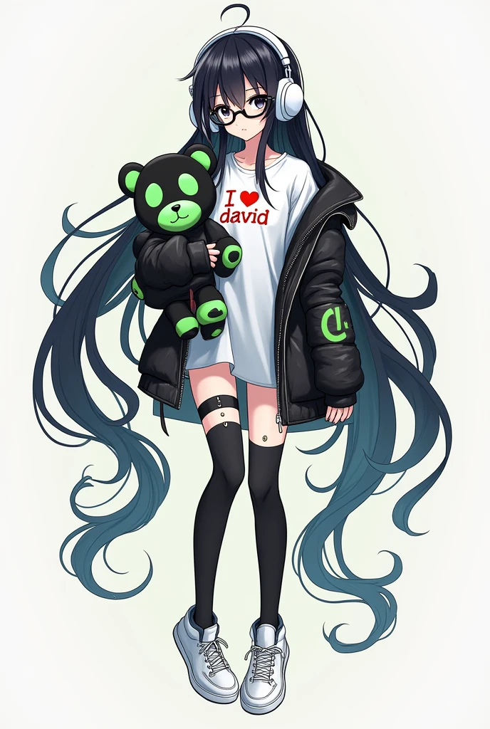 anime female character, with long straight black hair white headphones,black chinese eyes, white fur black hand warmers white tennis shoes and black leg warmers ,black glasses and green and black teddy bear , y camisa que diga I ❤️ david