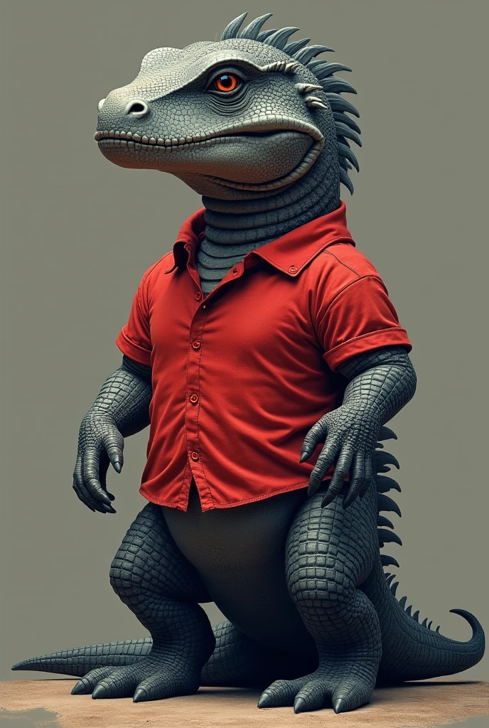 A Komodo dragon standing upright with a grey body, half-grey arms and black Komodo dragon tail, a head inspired by the Komodo dragon, grey scales on its body, this reptile is wearing a red shirt.
