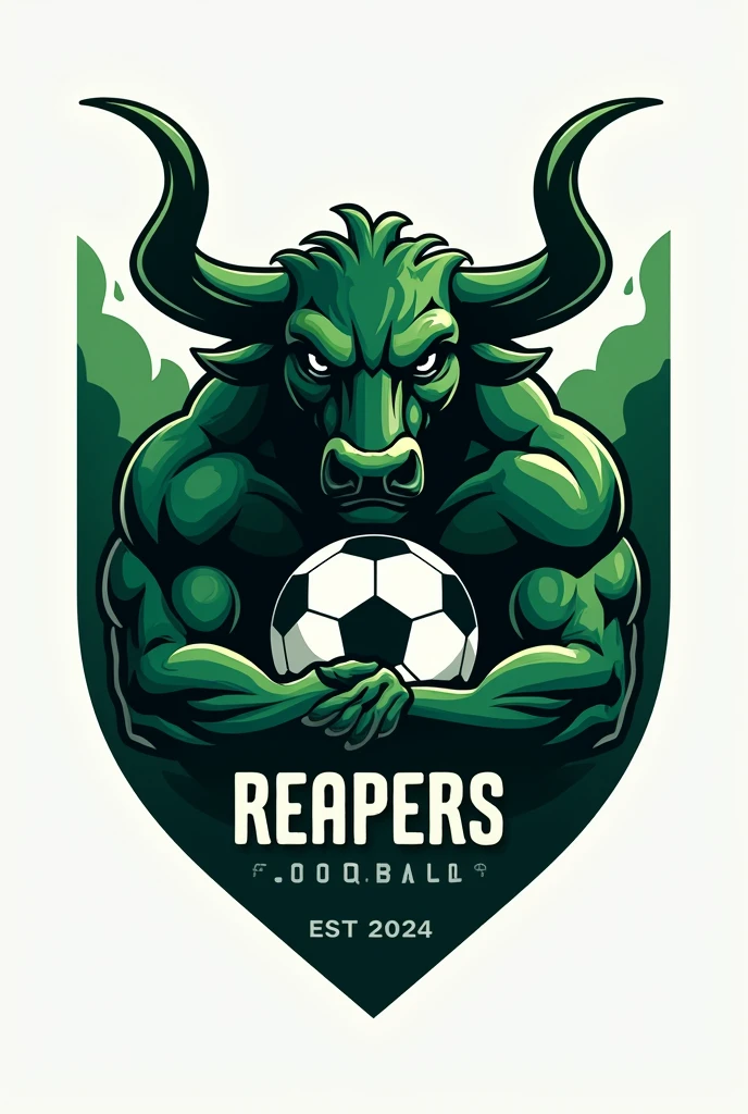 Football club logo named Reapers Football Club EST 2024 with bull and soccer ball and color green theme