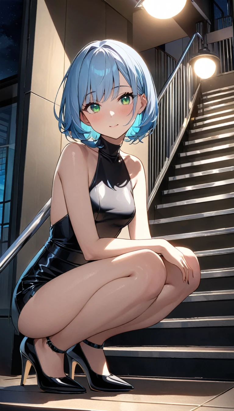 Highest quality、Light blue hair、Short Bob、Deep green eyes、Small breasts,Age 25,In front of the station at night、Stairs at night、Squat、Please sit down、Luxury High Heels、Octane Keep、Soft studio light、Rim Light, 