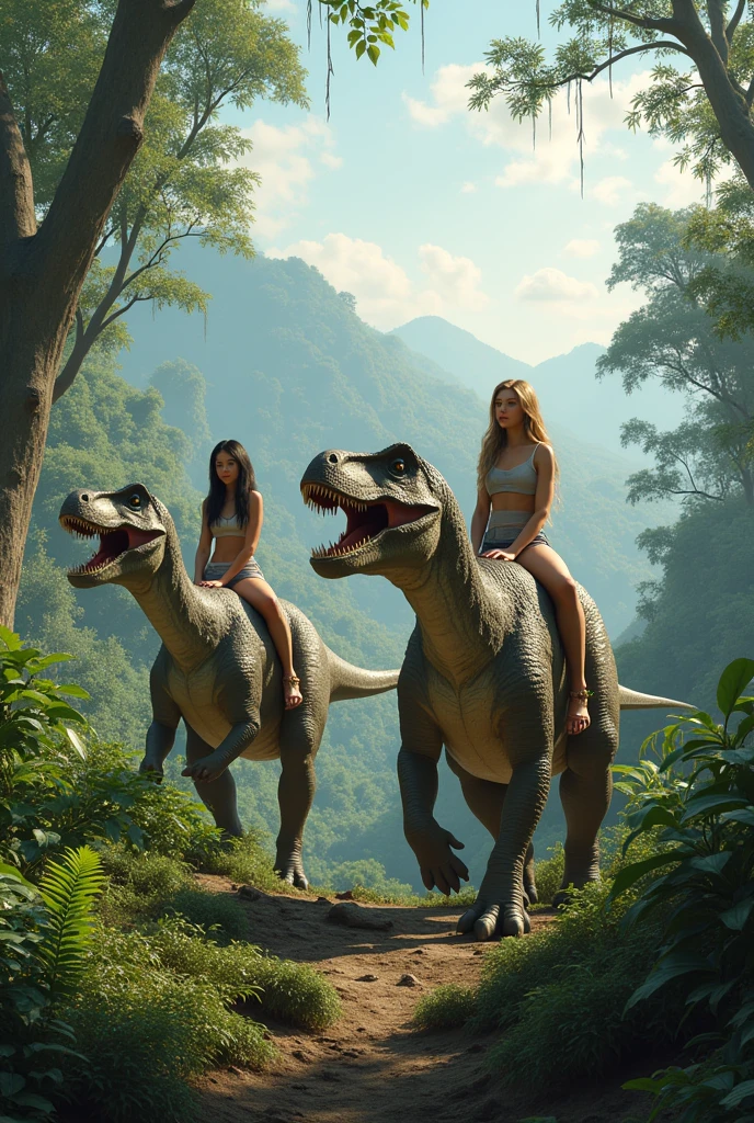 create a realistic image that represents the terrain of the earth in the Jurassic period (ferns, gymnosperms, vast forests and gymnosperms) and put three dinosaurs with three girls on each, a girl with long straight black hair on top of a dinosaur, a girl with long straight blonde hair sitting on a dinosaur, a girl with long wavy blonde hair sitting on a dinosaur
