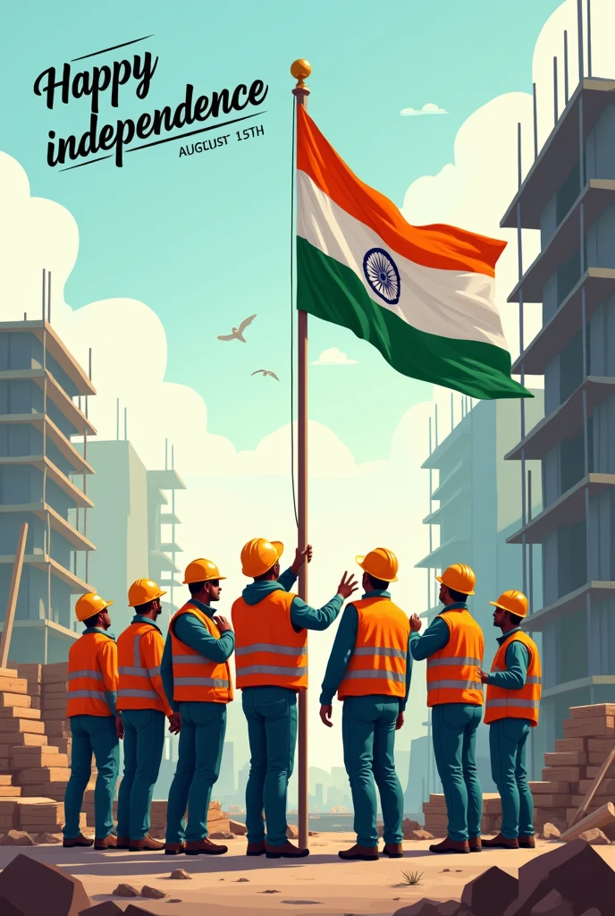 Construction labourers celebrating flag hosting ceremony vertical on the event of indian Independence Day 15 August illustrations face is not clear
Happy independence written