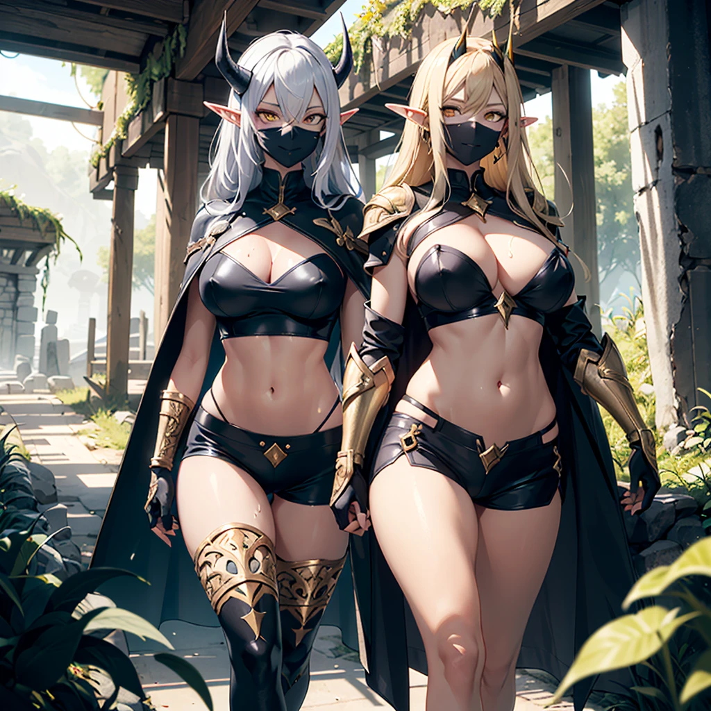 ((best quality)), (detailed), 1 women big pornstar dark barbarian armor, 8k_wallpaper, extremely detailed eyes, (large masterpiece digital art), (intricate details:1.3 ), (ultra-detailed:1.3), (sharp focus:1.3), (natural lighting:1.05), (vivid colors:1.3), (best quality:1.4), expressive eyes, full body, detailed face, beautiful face, perfect face, ((hair sandy white curls)), ((gold horns)), (gold eyes), {{dark skin}}, ({dark skinned female}), big breasts, huge chest, powerful relief muscles of the abdomen and legs, powerful strong muscles of the arms, belly piercing with blue emeralds, cruel predatory and cold-blooded arrogant look and smile, an open wine coat with rolled up sleeves, a translucent yellow crop top very clear outlines of huge pointed nipples with large piercings under the fabric, steel combat pauldrons, steel bracers and leather gloves, leather shorts under which I can see the clear outlines of a wet vagina, walks along the path against the backdrop of a ruined elf village and flowering vines and wild forests, style dark fantasy and adventure fantasy world,