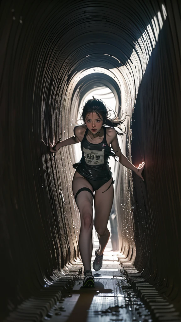 ((Highest quality)), ((masterpiece)),  ((pararel, Dark and deserted tunnel:1.2)), (Thriller)、((Fleeing schoolgirl))、(Scared:1.1)、((Run at full speed:1.6))、(私lluminated by the pursuer&#39;Light)、((Rear view))、Black Hair、(The hem of his white shirt is visible)、Grey plaid skirt、(Clothes are disheveled:1.1)、Secret photos、(Low angle view from behind)、(Exposed rock surface)、Wet road surface、(speed)、((Midnight:1.4))、(vapor:1.2)