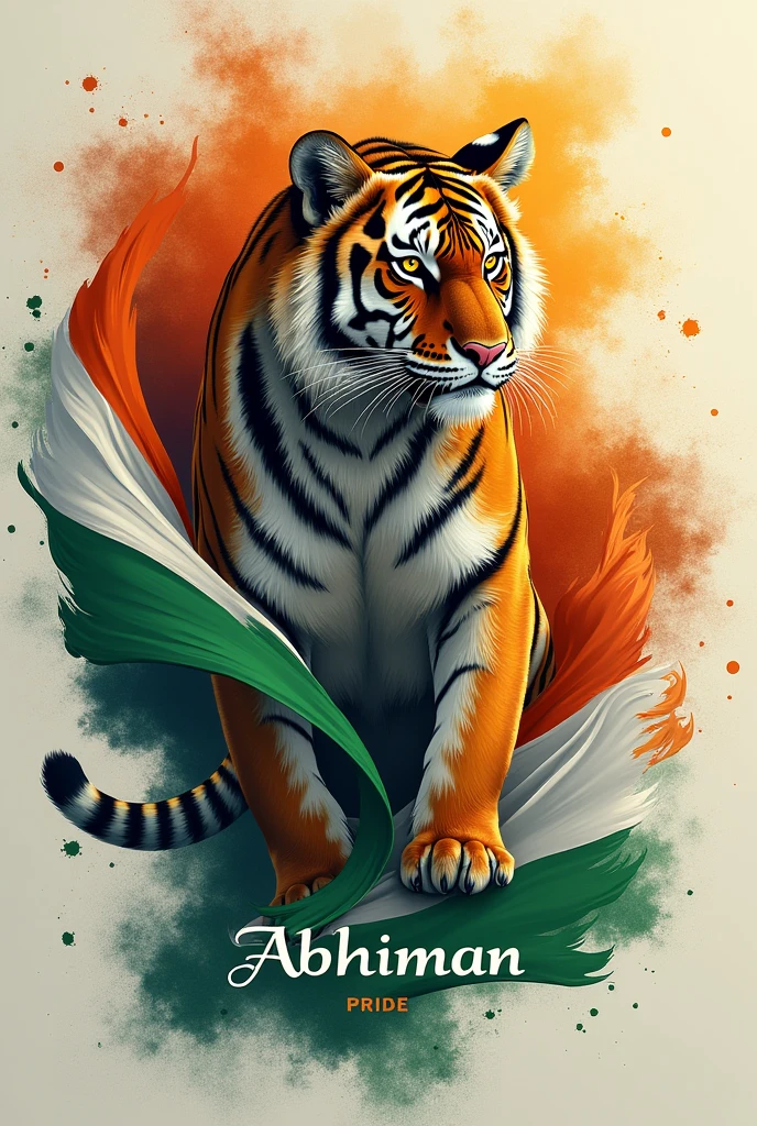 A roaring tiger blending indian flag for independence day with written abhiman on bottom