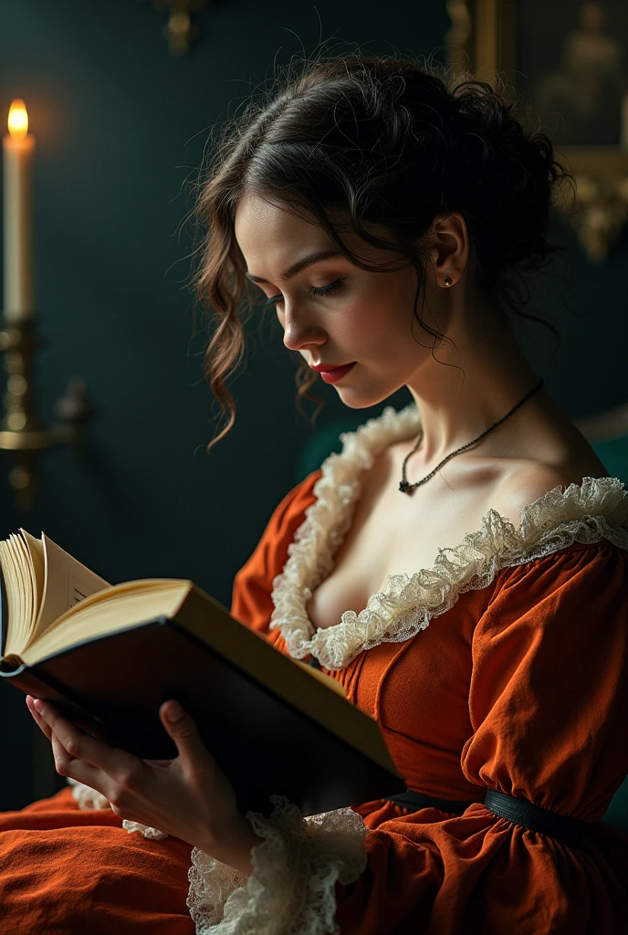 A Victorian woman, a lady, human. She has brown hair and it's curly but without much volume. She wears a bright colored dress out of the 1721, a bit English touched. It's for my vampire novel so it should have a dark touch.
Right now, she should be reading, and her face is nearly shown.