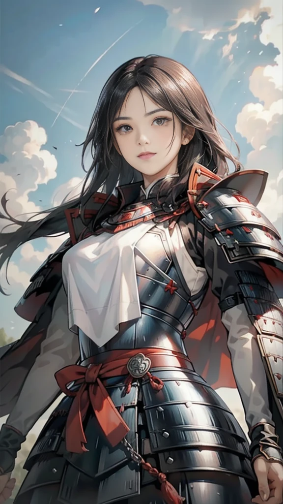 Black Hair：1.3, Amazing character art, ((Silver Knight Armor:1.3 )),((Pure white background)), 3d rendering character art 8k, Handsome，Beautiful female knight, 2. 5D CGI Anime Fantasy Artwork, Detailed digital art, Very nice work of art, Fan Art Best Art Station, (Red velvet long cape),(Stretch your open hand forward:1.3), (Hands on hips),(on stage:1.2),((From below)),Eyes looking into the distance,(A female general gives orders to her soldiers:1.3),Muscular,(samurai:1.2),Confident，An inappropriate smile，teasing，Overbearing，samurai：1.2，Japan