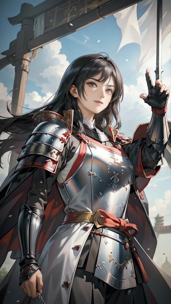 Black Hair:1.3, Amazing character art, ((Silver Knight Armor:1.3 )),((Pure white background)), 3d rendering character art 8k, Handsome,Beautiful female knight, 2. 5D CGI Anime Fantasy Artwork, Detailed digital art, Very nice work of art, Fan Art Best Art Station, (Red velvet long cape),(Stretch your open hand forward:1.3), (Hands on hips),(on stage:1.2),((From below)),Eyes looking into the distance,(A female general gives orders to her soldiers:1.3),Muscular,(samurai:1.2),Confident,An inappropriate smile,teasing,Overbearing,samurai:1.2,Japan