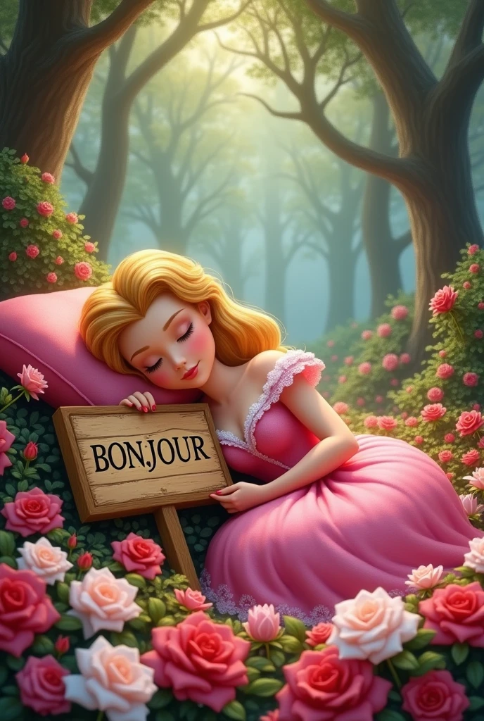 La belle au bois dormant Disney est endormie sur un lit de Roses, elle lève un panneau où il y a écrit "BONJOUR" Dessin animé