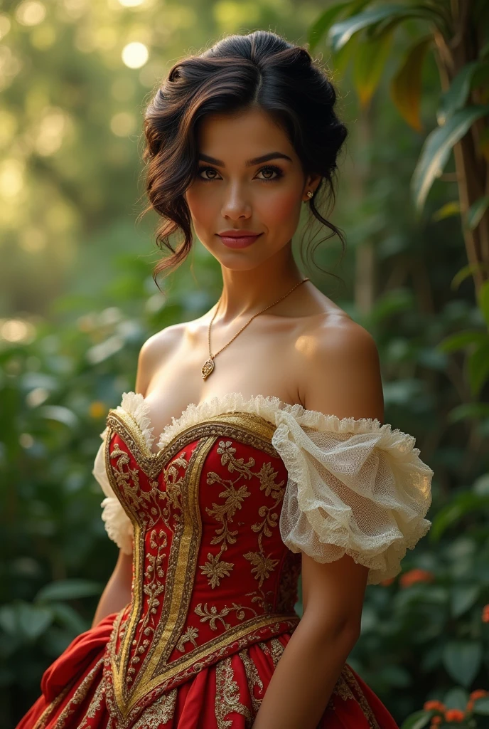 Beautiful latina woman perfect body short brunette hair,  dressed in elegant victorian era 19th century American colorful conservative formal studio lighting,  beautiful outdoor paradise background 