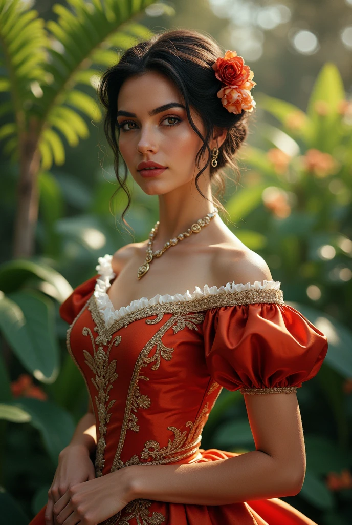 Beautiful latina woman perfect body short brunette hair, dressed in elegant victorian era 19th century American colorful conservative formal studio lighting, beautiful outdoor paradise background