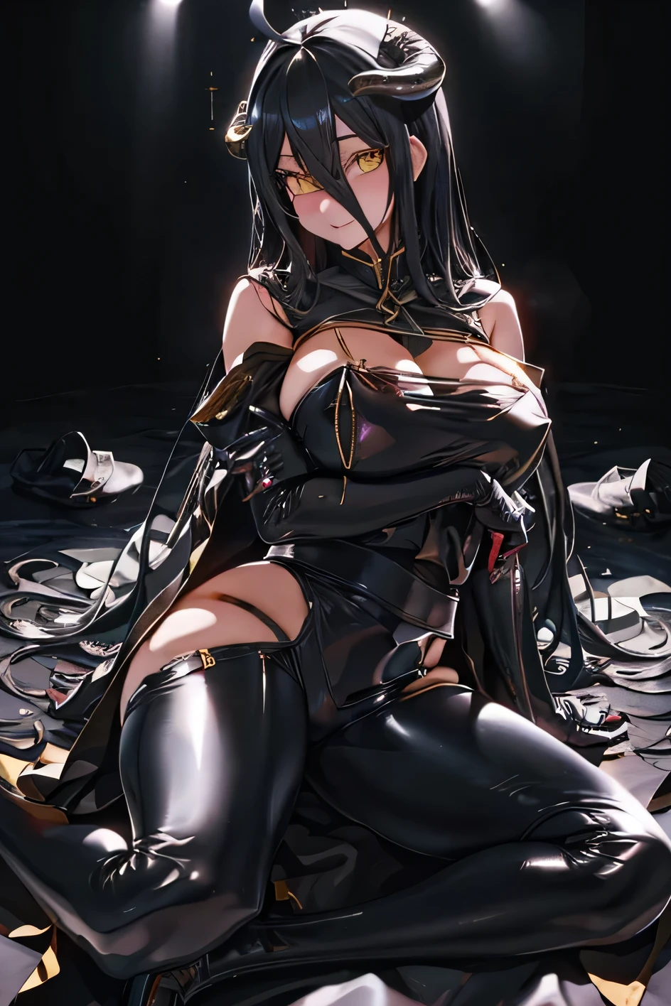 ruanyi0110, hat, katana, zipper, BDSM, dominatrix, black bodysuit, boots,
((Highest quality)), ((masterpiece)),(detailed),High resolution,Sharp focus,Perfect Face,1woman,(complete anatomy),
(Very detailed CG unity 8k wallpaper),(((Vibrant colors))),{best illustration},Perfect Fingers,
albedo, Black Hair,Ahoge, White Devil's Horn,Glowing yellow eyes, Long pupils Glamorous_expensive_Tight waist_Long legs,Curved,Cleavage, (Huge hips:1.3),(Huge breasts, Glamour:1.1),
Black wings,(Low Wing:1.1),  Wings with feathers,Gold Jewelry,White gloves,
shiny 肌,very shiny 肌,Shiny body,plastic glitter 肌,exaggerated shiny 肌,illuminated 肌,
((Detailed body)),(Detailed face)), cute,Lewd,erotic,Bold,


arms behind head,
seductive smile, embarrassed, 
(extreme close-up of thigh:1.5),  (The view is from very close below:1.5), Pushing hips forward,  (sitting), Open legs wide, spread legs,