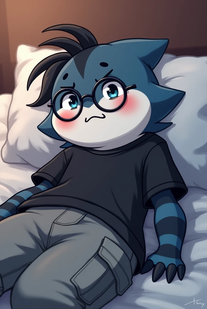 Fursona, Black and White Stripes Shark, Cute, beach, baggy black shirt and grey cargo pants, embarrassed, black hair, Male, Round glasses, Black Paws, Paws, Laying in bed, blue eyes, blushing, Anthro, Furry Art, Horny