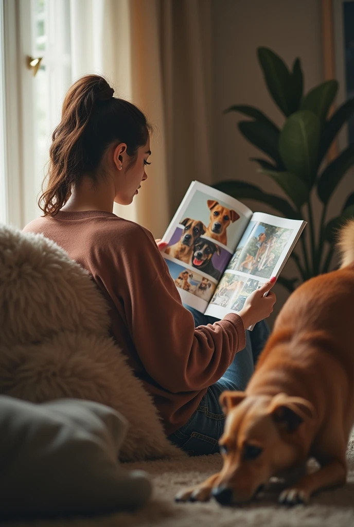 Make a realistic photo of a  who read a magazine about dogs. She only seen from behind. Front of her the pictures is not sharp. Front of her a dog is playing,
