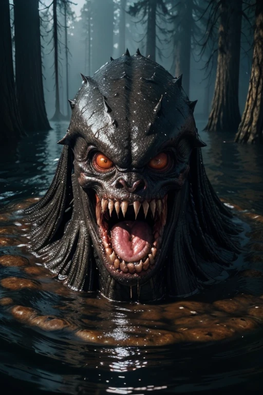 Monster coming out of the bottom of the lake, with three eyes, with a huge mouth and many sharp teeth protruding from the mouth. With a dark, slimy, skeletal shape in dark orange color, with hands that project from the body. On a sunny and very cold day,  on a misty lake surrounded by huge pine trees, and very low vegetation.
