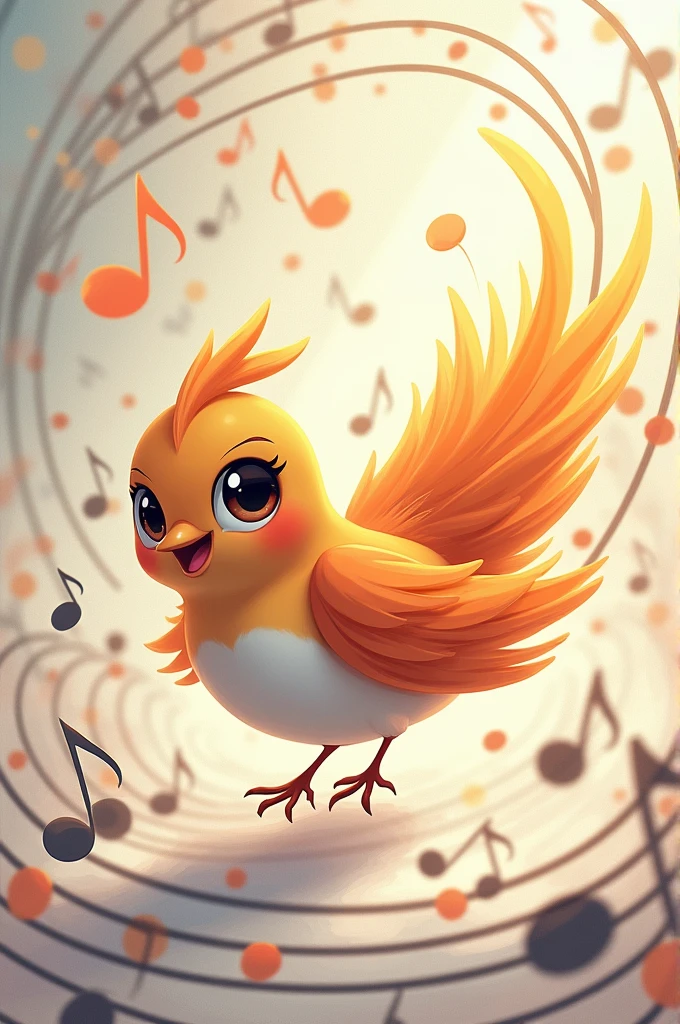 a bird that looks like an anime character,The background is a musical staff,Notes are flying