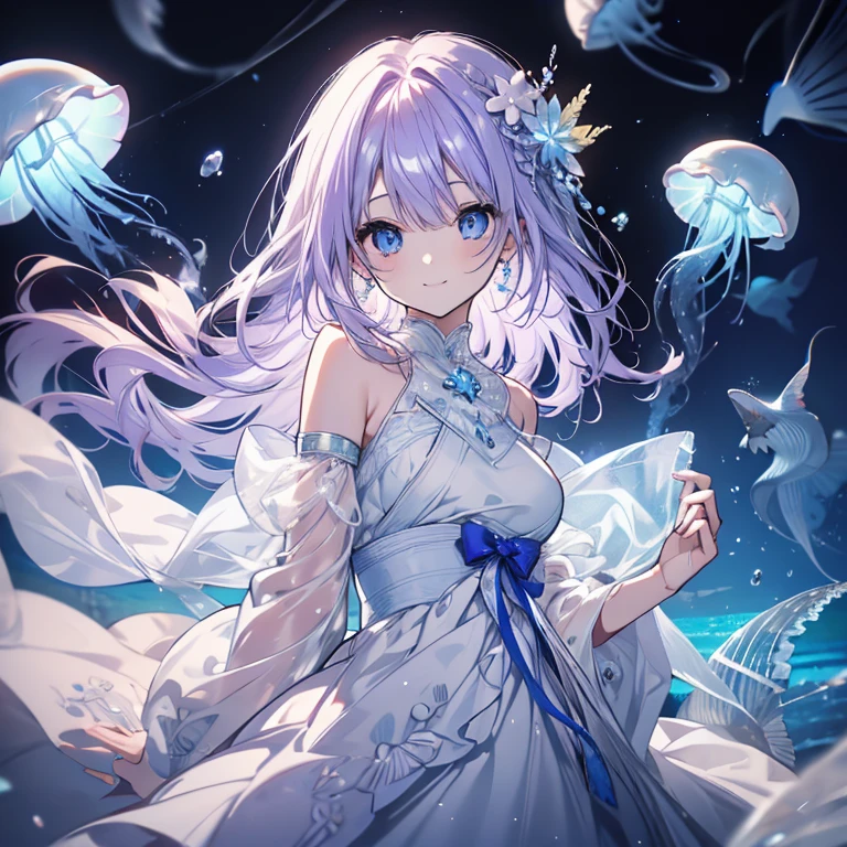 1 person、Mature、Ample breasts、Long Hair、Blue Eyes、Light purple hair、Elegant smile、White Dress、Shoulder Bare、See-through sleeves、Light、Seashell Accessories、Jellyfish、Jellyfishと泳ぐ、In the sea、Fish shadow、Sunlight shines asy、たくさんのJellyfish、High resolution、Highest quality、