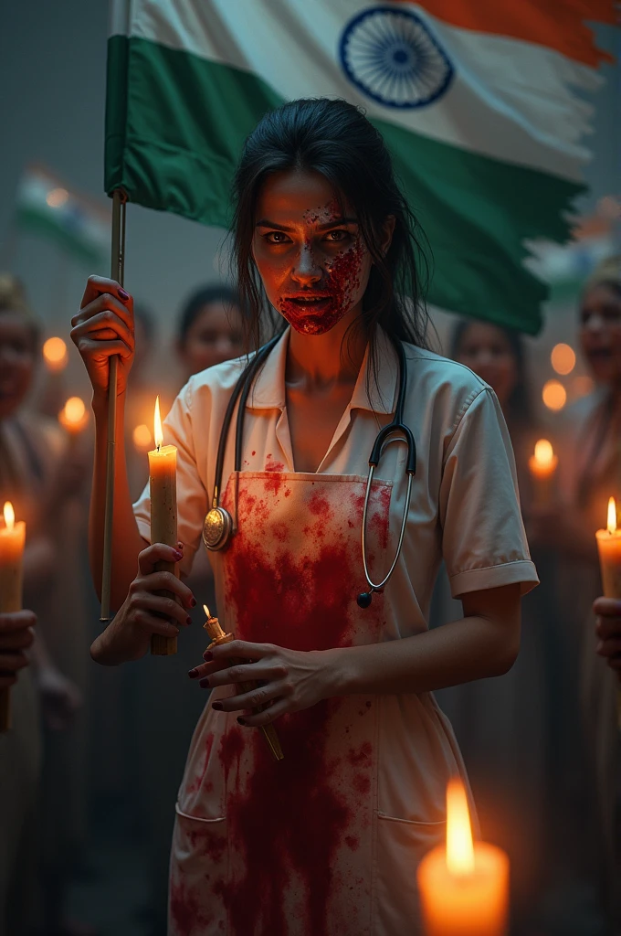 Its night time
A Female Doctor is standing in the midst of a crowd. The crowd is holding candles in their hand.
The doctor is wearing an apron which is vlood stained, and her face is completly distorted with injuries. She is holding an indian flag in her hand which is also blood stained