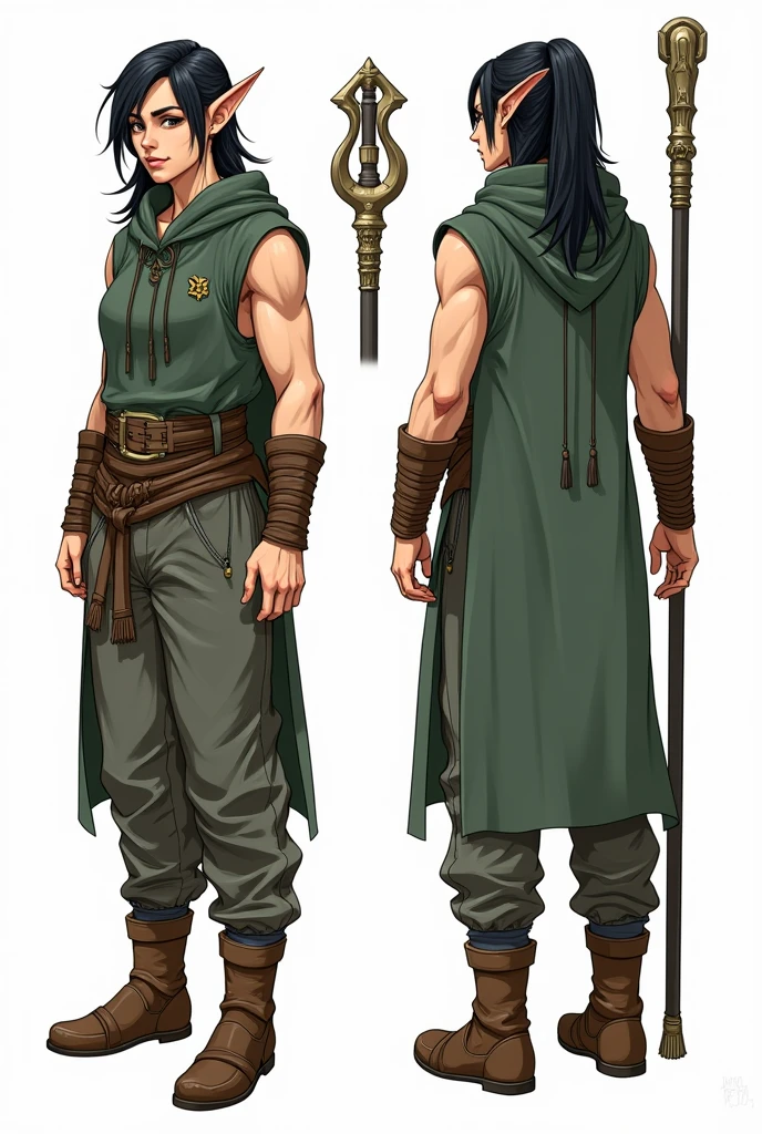 (character sheet),solo, highlighted black hair, baggy pants ,line art , dark green robe, hoodie,3 different angles, highly detailed body parts, elf ears,muscular, mage staff ,brown boots, tall female warrior 