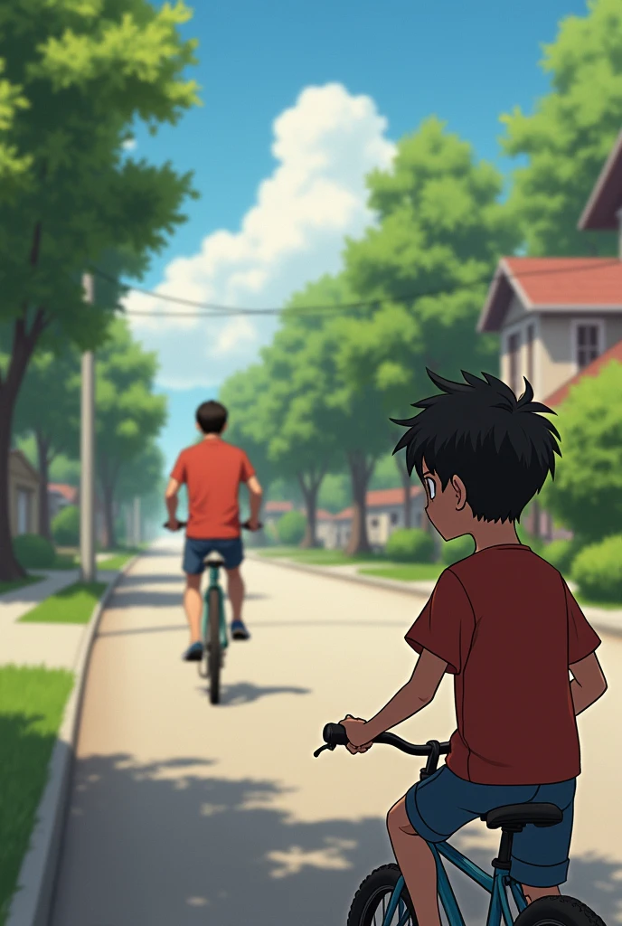 A boy is watching  his girlfriend, while she is going with her father on bike in front of him

