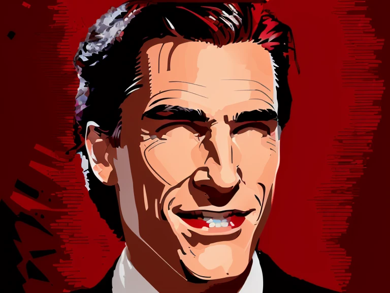 (t-shirt designer), stylized modern vector art, white background, vector, design, (a close-up of a man in a suit making a face), Patrick Bateman), in American Psycho (1 9 9 9), in American Psycho (1999 ), Patrick Bateman, in Psycho Americana, American Psycho,(Christian Bale), (smug smile).(minimalist),.few details,colors black and red.
