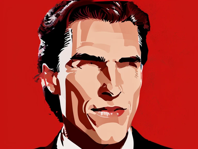(t-shirt designer), stylized modern vector art, white background, vector, design, (a close-up of a man in a suit making a face), Patrick Bateman), in American Psycho (1 9 9 9), in American Psycho (1999 ), Patrick Bateman, in Psycho Americana, American Psycho,(Christian Bale), (smug smile).(minimalist),.few details,colors black and red.

