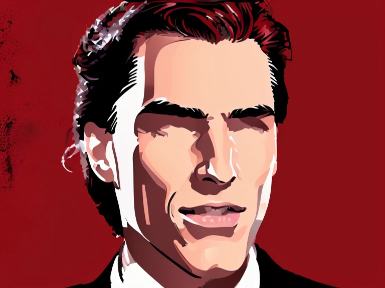 (t-shirt designer), stylized modern vector art, white background, vector, design, (a close-up of a man in a suit making a face), Patrick Bateman), in American Psycho (1 9 9 9), in American Psycho (1999 ), Patrick Bateman, in Psycho Americana, American Psycho,(Christian Bale), (smug smile).(minimalist),.few details,colors black and red.