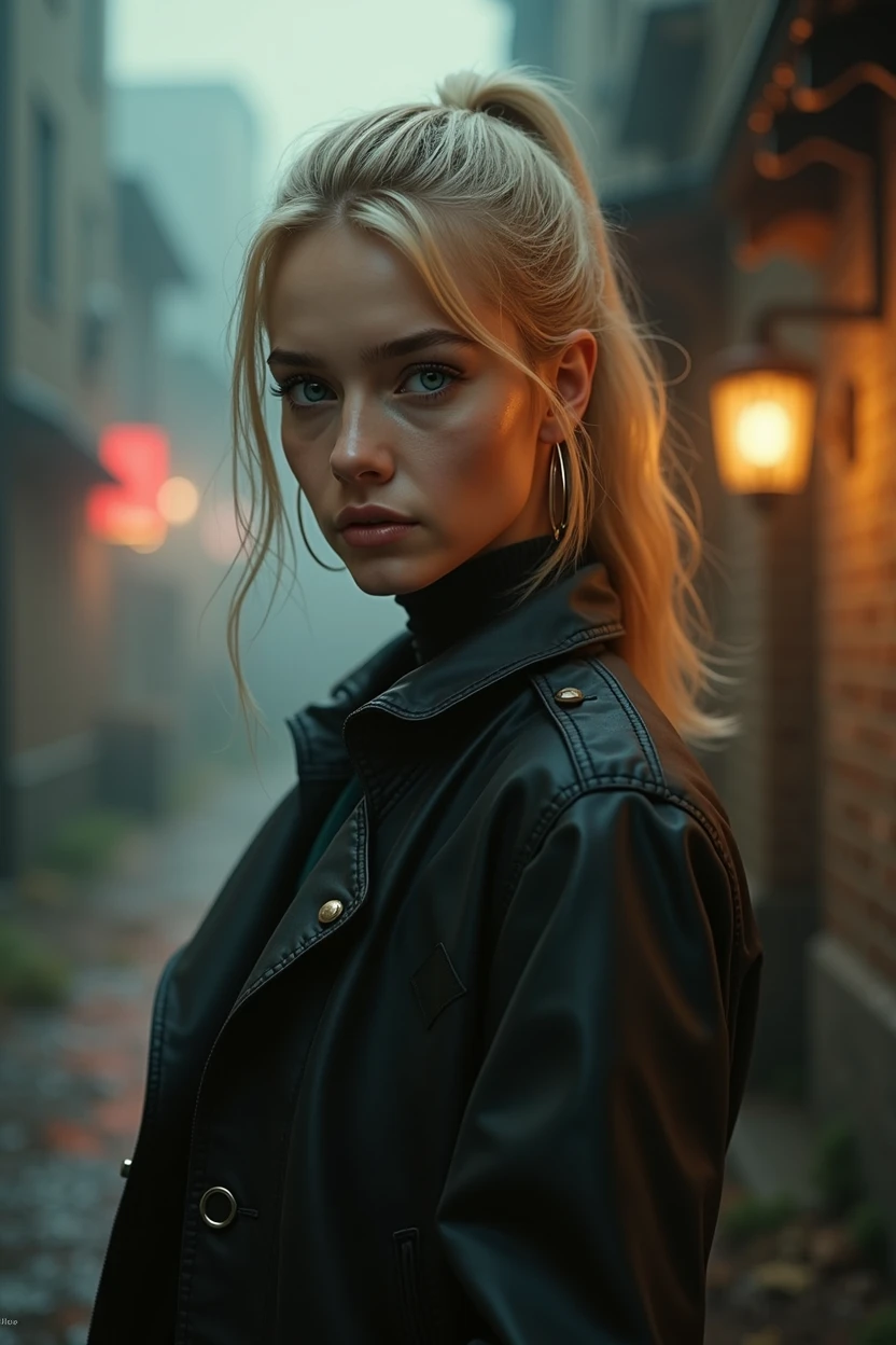 realistic , mistery, warm foggy ambient, a beautiful blond woman, 20 years old with light blonde hair in a ponytail, detailed clothes, perfect size breasts, modeling expressions, beautiful blue eyes, Highly detailed, photorealistic, 8K resolution, 60 frames per second, ultra-realistic textures, accurate lighting, realistic physics, detailed character models, intricate environments Cinematic quality, movie-like visuals, detailed special effects, realistic animations, smooth motion, high-quality sound design Real-world accuracy, precise details, authentic environments, lifelike characters, realistic dialogue, engaging storyline