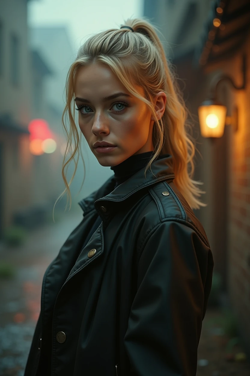 realistic , mistery, warm foggy ambient, a beautiful blond woman, 20 years old with light blonde hair in a ponytail, detailed clothes, perfect size breasts, modeling expressions, beautiful blue eyes, Highly detailed, photorealistic, 8K resolution, 60 frames per second, ultra-realistic textures, accurate lighting, realistic physics, detailed character models, intricate environments Cinematic quality, movie-like visuals, detailed special effects, realistic animations, smooth motion, high-quality sound design Real-world accuracy, precise details, authentic environments, lifelike characters, realistic dialogue, engaging storyline