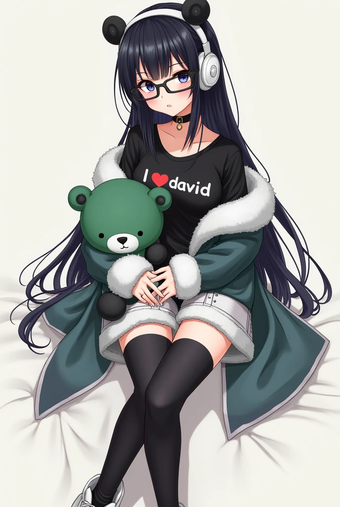 anime female character, with long straight black hair white headphones,black chinese eyes, white fur black hand warmers white tennis shoes and black leg warmers ,black glasses and green and black teddy bear , y camisa que diga I ❤️ david 