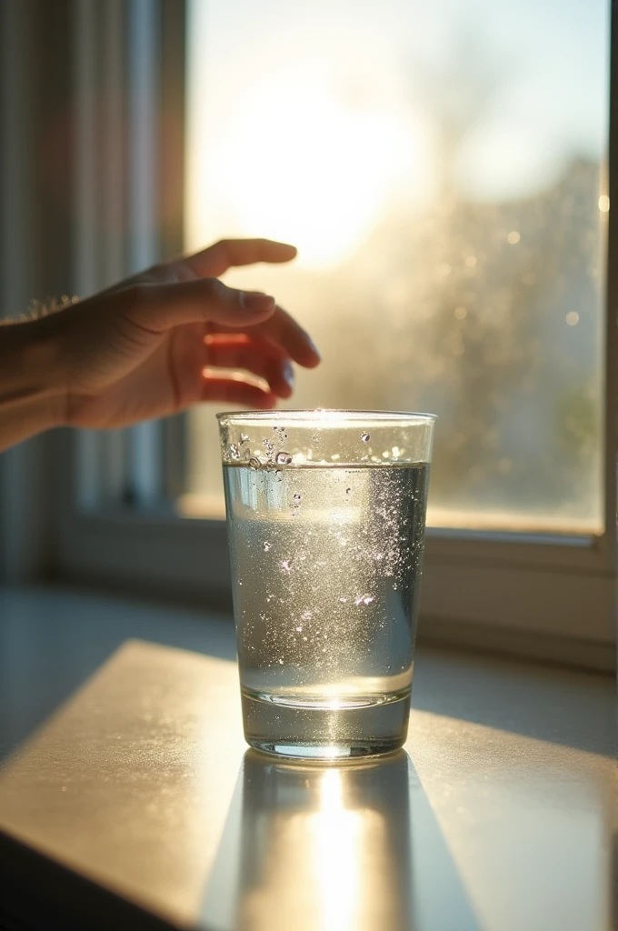 "A refreshing close-up image of a glass of water with condensation, sitting on a sunny windowsill. In the background, a person is reaching for the glass, ready to drink, with a bright and clear sky outside, symbolizing the importance of staying hydrated."