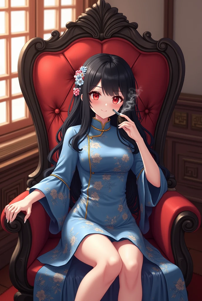 masterpiece, best、1girl, 20yo、tegaki、black hair, red eyes, seductive smile、blue China dress、Japanese smoking pipe、luxury chair、sit on a chair、foot focus、Smoke、 masterpiece, best quality,