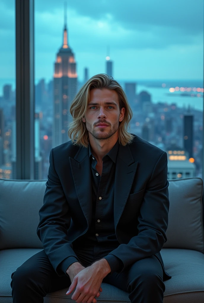 hyper realistic portrait of Dylan spouse, 22 years old, with long flowing blonde hair and blue eyes. male, guy, chiseled, handsome, he should have a natural, approachable expression and be lit by soft, blue light, canon eos r5, raw format, sitting on a modern sofa in a modern marble mansion, background is detailed and luxurious living room, full body, panoramic window view of the New York skyline, wearing acne studios