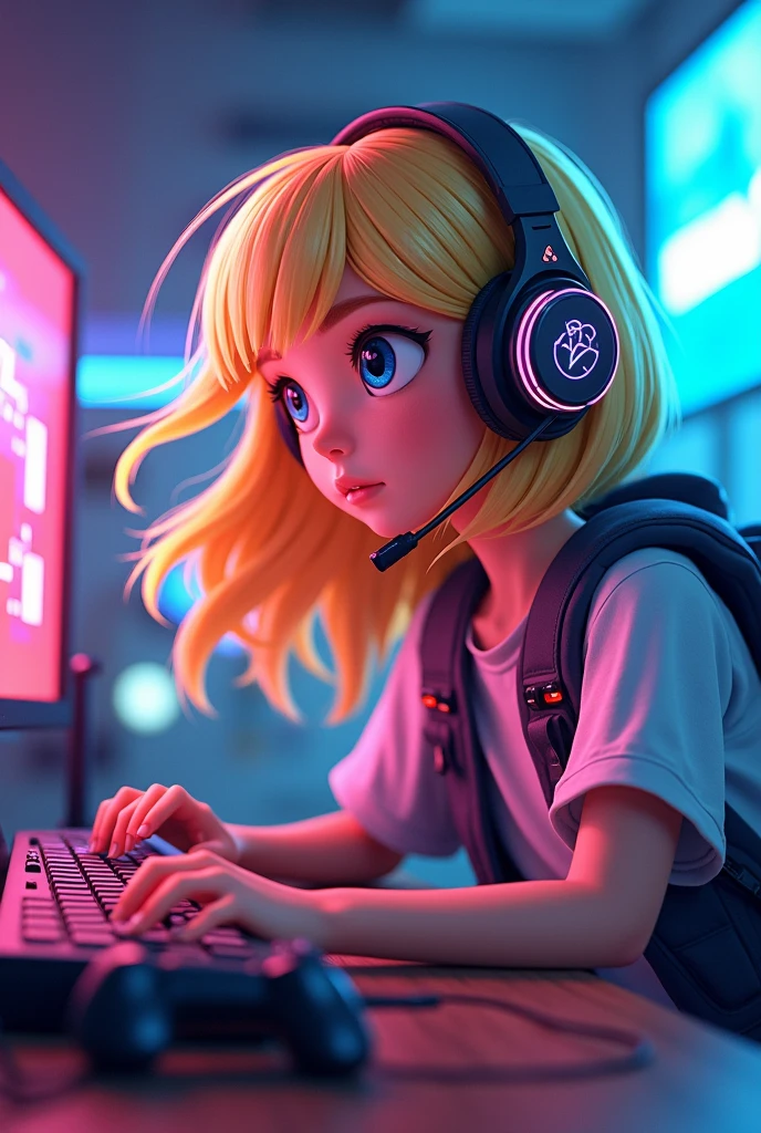 Personnage animé aux cheveux blond et longs avec un casque gaming qui joue à des jeux vidéo.
