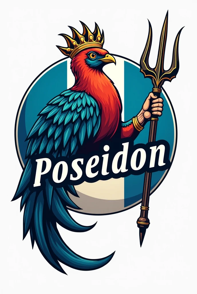 LOGO WITH WORD "Poseidon" with the Guatemalan flag in the background and a royal quetzal with a red chest and a trident