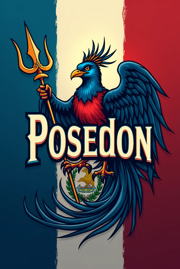 LOGO WITH WORD "Poseidon" with the Guatemalan flag in the background and a royal quetzal with a red chest and a trident