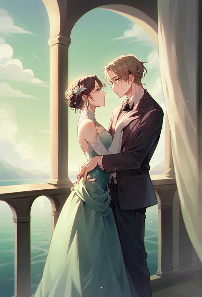 On a night of good spring weather (clear sky) they have a date with a girl, a place overlooking a body of water(laguna), in something like a balcony lit by torches and the full moon in the background illuminated the water., He and she, dining at an elegant table, the boy (a young Caucasian man with short dark brown hair) wearing a suit for the occasion in neutral colors and she( a blonde girl with light eyes and an angelic face) a lace dress with a short skirt.