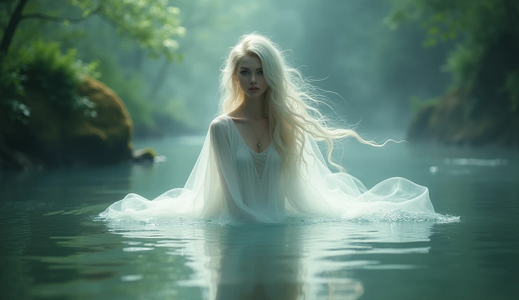 A beautiful lady ghost emerging from the river.