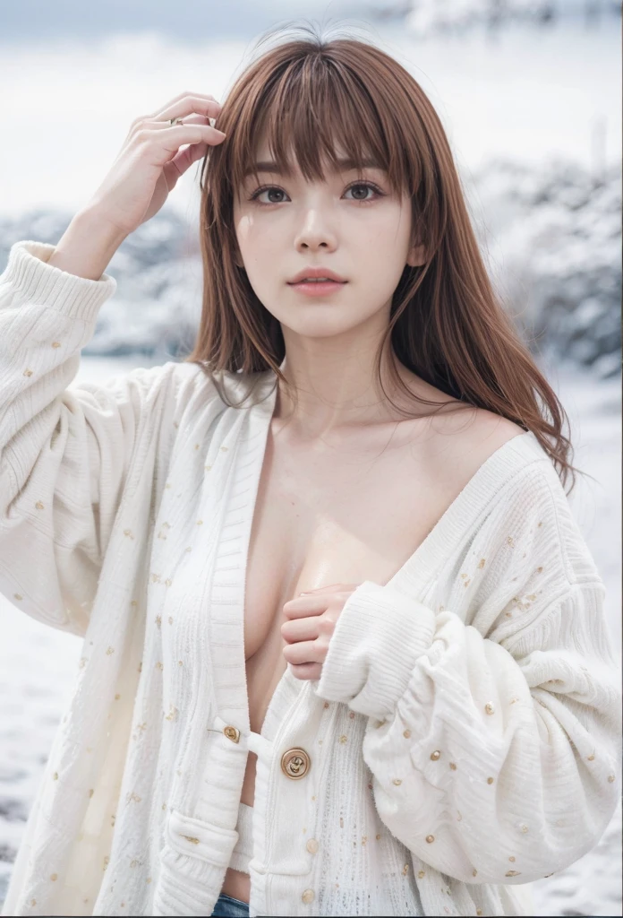 kasumi, eyes browns, (best qualityer, ultra detail), (realisitic:1.37), beautiful and detailed face, ultra-realisitic texture, Exquisite face, Delicate body, red lipgloss stick, shiny colors. High definition, 8k, expression a slight cute smile