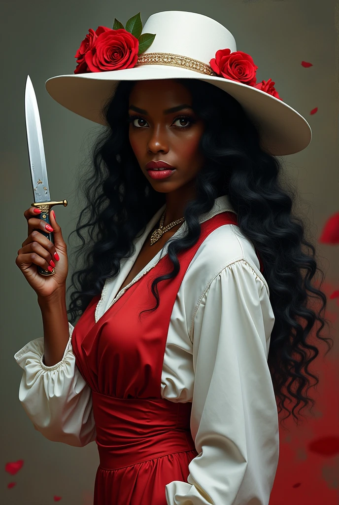 Flirty, black female, long black curly hair, with a knife in hand , you wear a white hat with roses and a dagger, Your clothes are white and red